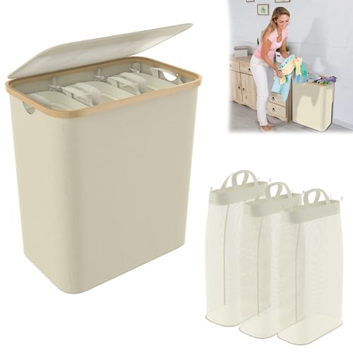 YRHome Wäschekorb mit Deckel 140L 3 Fächer Wäschesack Wäscheboxen Wäschetonne Wäschesortierer Wäschetruhe Waschekorbsammler mit Griffen Laundry Baskets Wäscheschrank für Schlafzimmer - Beige YRHome Wäschekorb mit Deckel 140L 3 Fächer Wäschesack Wäscheboxen Wäschetonne Wäschesortierer Wäschetruhe Waschekorbsammler mit Griffen Laundry Baskets Wäscheschrank für Schlafzimmer - Beige von YRHome