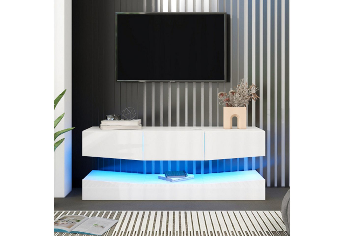 YRIIOMO TV-Bank Wandmontierter weißer TV-Hängeschrank mit LED-Beleuchtung (1 St) von YRIIOMO