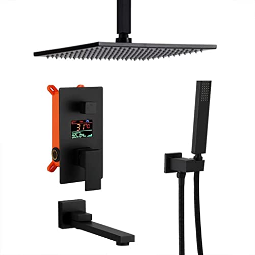 Duschsystem, Deckenmontage, LED-Digitalanzeige, schwarzes Badezimmer-Regenmischer-Duscharmaturen-Set mit 10–12 Zoll quadratischem Regenduschkopf und Wannenarmaturen, Luxus-Duschset, 12 Zoll Stabilize von YRPEVFGAS