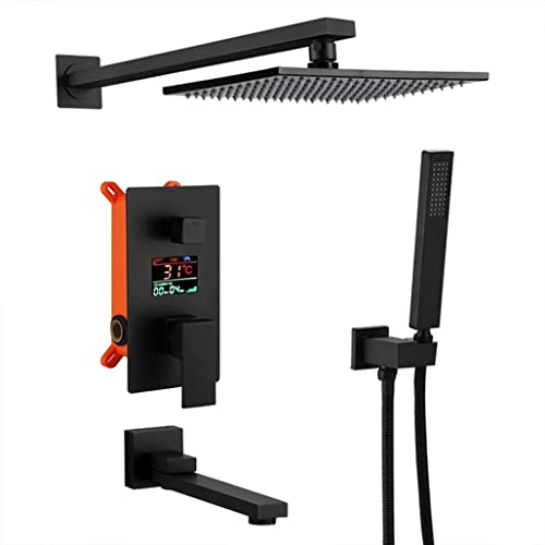 Duschsystem, Wandmontage, LED-Digitalanzeige, schwarzes Badezimmer-Regenmischer-Duscharmaturen-Set mit 10–12 Zoll quadratischem Regenduschkopf und Wannenarmaturen, Luxus-Duschset, 20,3 cm Stabilize von YRPEVFGAS