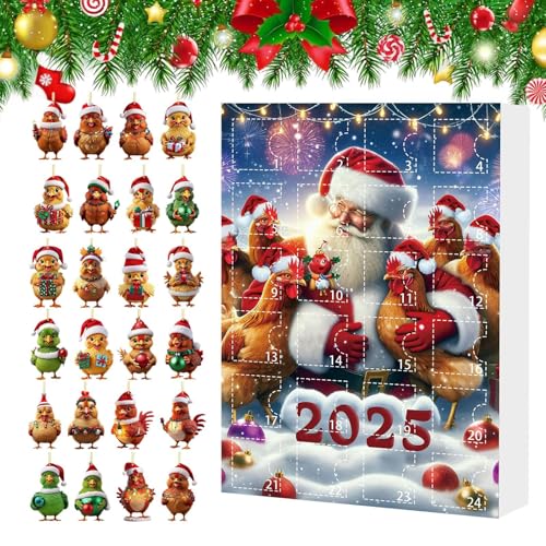 YRTUOP Adventsschmuck - 24 Tage Weihnachtsschmuck Countdown Kalender 2025 - Tieranhänger Acryl Huhn Figuren Deko für Christbaum Fenster Wand Tür Party Auto Spiegel von YRTUOP