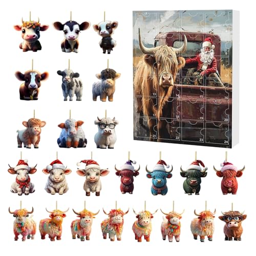 YRTUOP Christmas Countdown Kalender Highland Cow 24 Tage,Advent Countdown Kalender 2D Acryl Niedlich Highland Cow Ornamente Set - Weihnachtsbaum Deko Für Fenster Wand Auto Innenspiegel Tür Kinder Und von YRTUOP