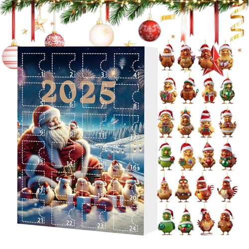 YRTUOP Hühner Deko Für Weihnachtsbaum, 24 Tage Weihnachtsschmuck Countdown Kalender 2025, Tieranhänger Acryl Huhn Figuren Deko für Christbaum Fenster Wand Tür Party Auto Spiegel von YRTUOP