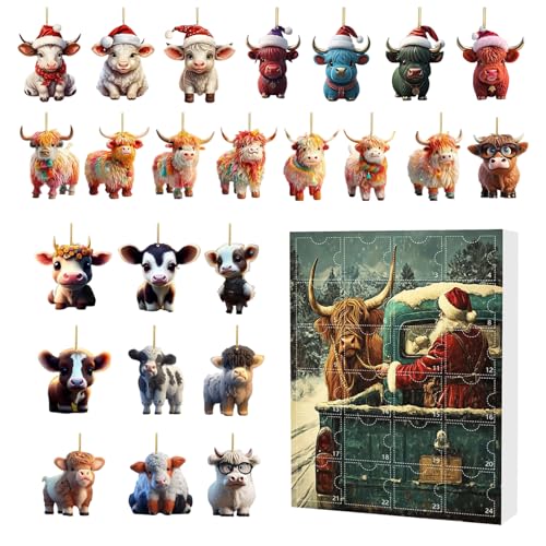 YRTUOP Weihnachten Highland Cow Adventskalender 24 Tage,Weihnachts Countdown Kalender Advent 2D Acryl Highland Cow Schmuck | Weihnachtsbaum Deko Für Fenster Wand Auto Innenspiegel Tür Kinder Und von YRTUOP
