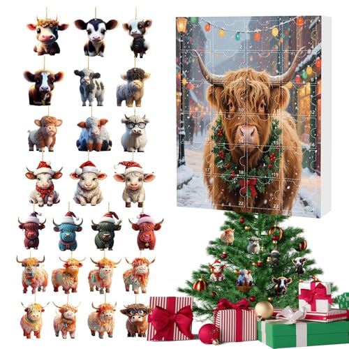 YRTUOP Weihnachtskalender Adventskalender Hochlandrind 24 Tage | Weihnachts Countdown Kalender Advent 2D Acryl Highland Cow Schmuck,Weihnachtsbaum Deko Für Fenster Wand Auto Innenspiegel Tür Kinder von YRTUOP