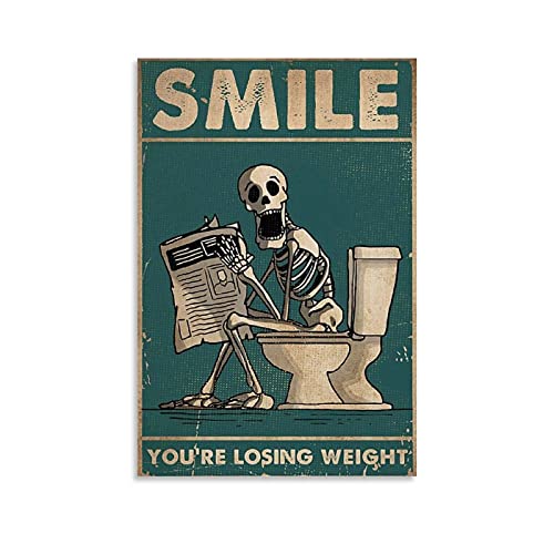 Poster, Motiv: Smile You're Losing Weight (in englischer Sprache), lustiges WC-Skelett mit Totenkopf-Zeitung, Retro-Poster, Kunstdruck auf Leinwand, Vintage-Zitat, Heimdekoration, 60 x 90 cm von YRTZ