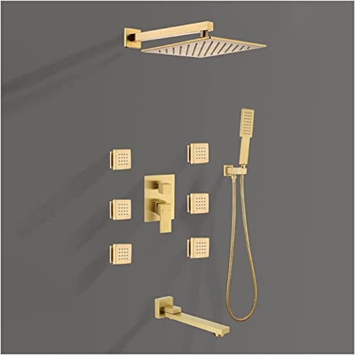 YRUIIA 10 Zoll Duschsystem mit Duschkopf, Duschset Messing Duschsäule Wandmontage Regendusche Set Unterputz Duschset Duscharmatur mit Handbrause, Körperstrahlen, Badewanneneinlauf,Brushed Gold von YRUIIA