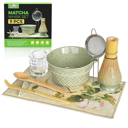 Matcha-Schneebesen-Set, 9-teiliges Matcha-Set mit Matcha-Schüssel, Ausgießer, Bambus-Schneebesen, Löffelständer, Schaufel, Sieb, Handtuch, Teelöffel und Glas-Messbecher für Frühstück/Latte, Geschenk von YRVHCK