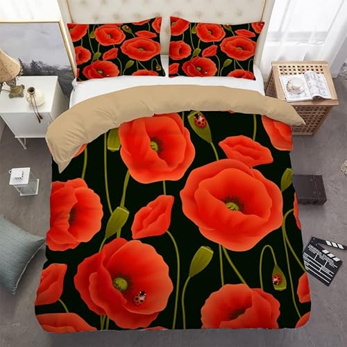 Bettwäsche 155x220cm Mohn Mikrofaser Bettbezug mit Reißverschluss, Weiche Bettwasche-Sets Set mit 2 Kopfkissenbezug 80x80 cm für Damen Jungen Kinder Einzelbett von YRYBZ