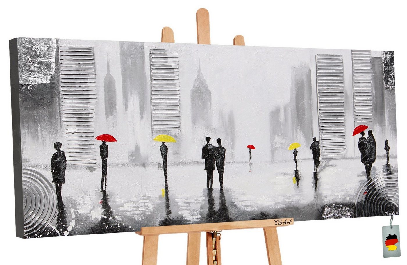 YS-Art Gemälde Angenehmes Treffen, Menschen, mit Regenschrim in einer Stadt auf Leinwand Handgemalt von YS-Art