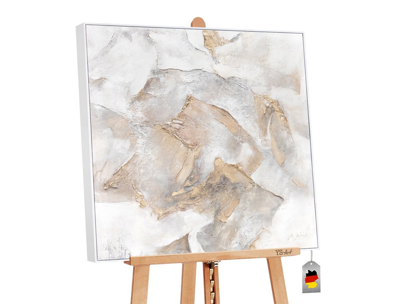 YS-Art Gemälde Berggipfel, Struktur Leinwand Bild Handgemalt mit Rahmen in Gold von YS-Art