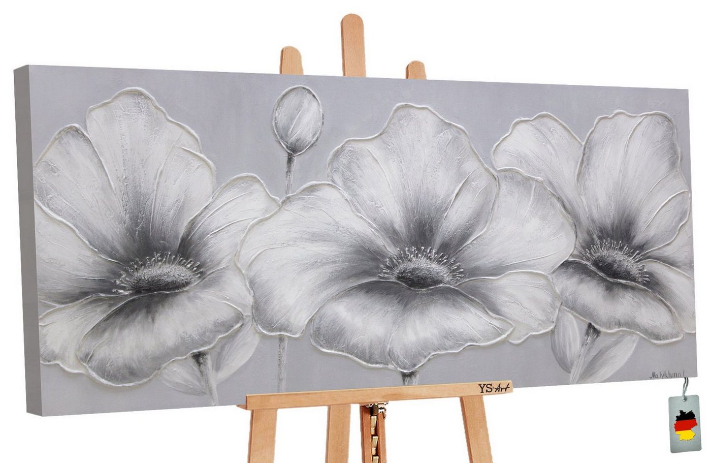 YS-Art Gemälde Blumen, Blumen, Blumen auf Leinwand Bild Handgemalt Grau Weiß Schwarz von YS-Art