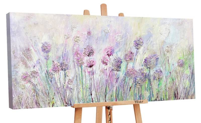 YS-Art Gemälde Blumen auf der Wiese, Landschaft, Lila Blumen Feld Grün Leinwand Bild Handgemalt von YS-Art