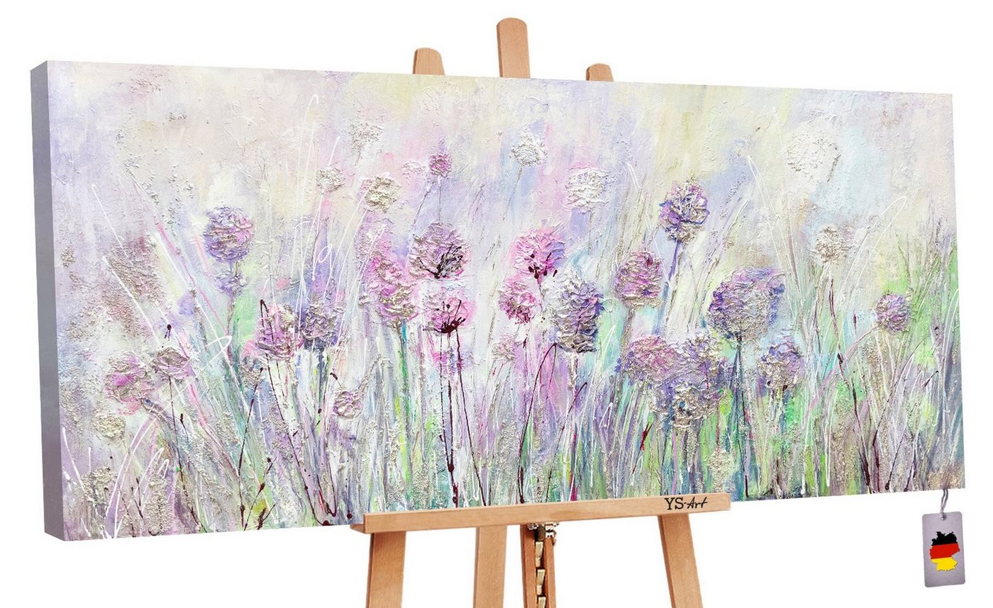 YS-Art Gemälde Blumen auf der Wiese, Landschaft, Lila Blumen Feld Grün Leinwand Bild Handgemalt von YS-Art