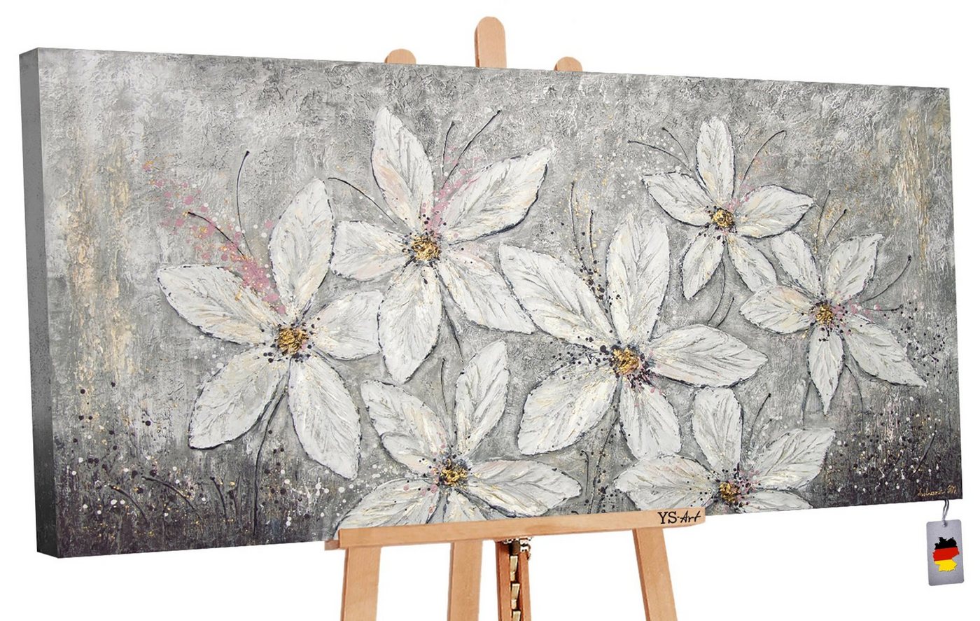 YS-Art Gemälde Blumenparadies, Blumen, Weiße Blumen Leinwand Bild Handgemalt Grau Schwarz von YS-Art