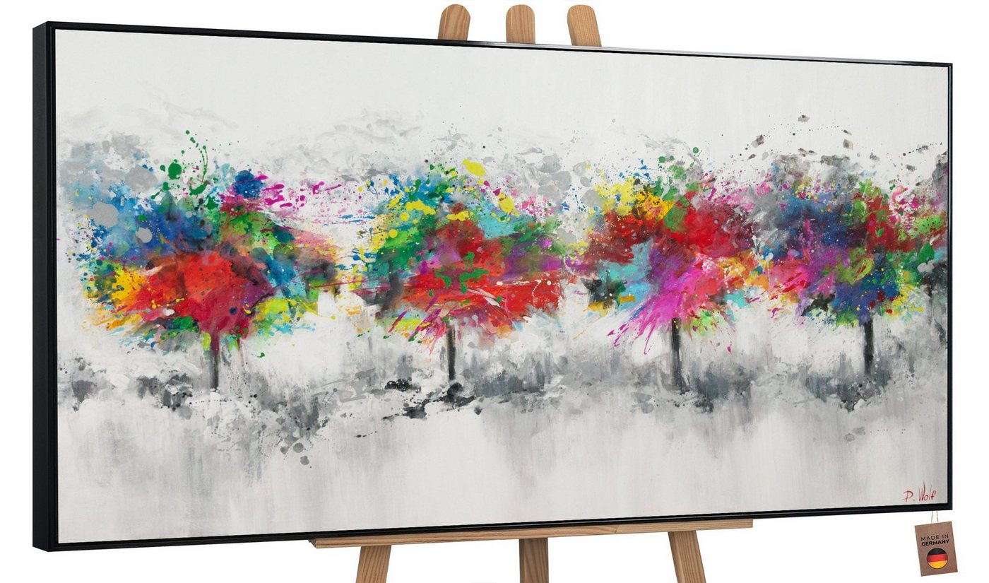 YS-Art Gemälde Bunter Wald, Abstrakte Bilder, Leinwandbild Bunte Baumlandschaft auf Grauem Hintergrund von YS-Art