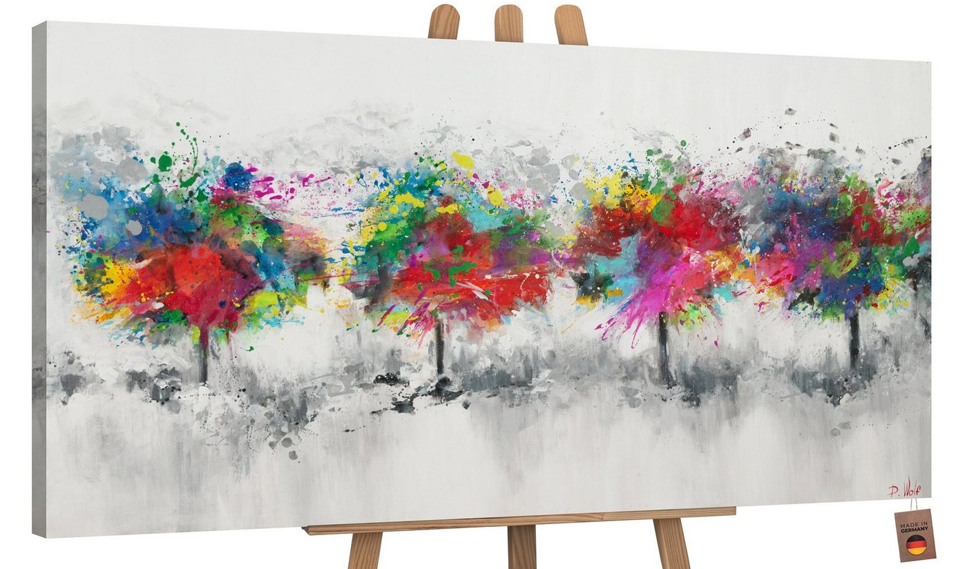 YS-Art Gemälde Bunter Wald, Abstrakte Bilder, Leinwandbild Bunte Baumlandschaft auf Grauem Hintergrund von YS-Art