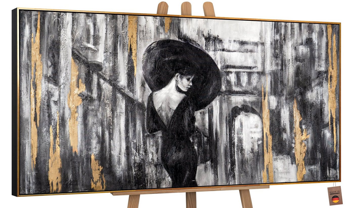 YS-Art Gemälde Filmstreifen, Menschen, Leinwand Bild Handgemalt Frau Regenschirm Gold Schwarz von YS-Art