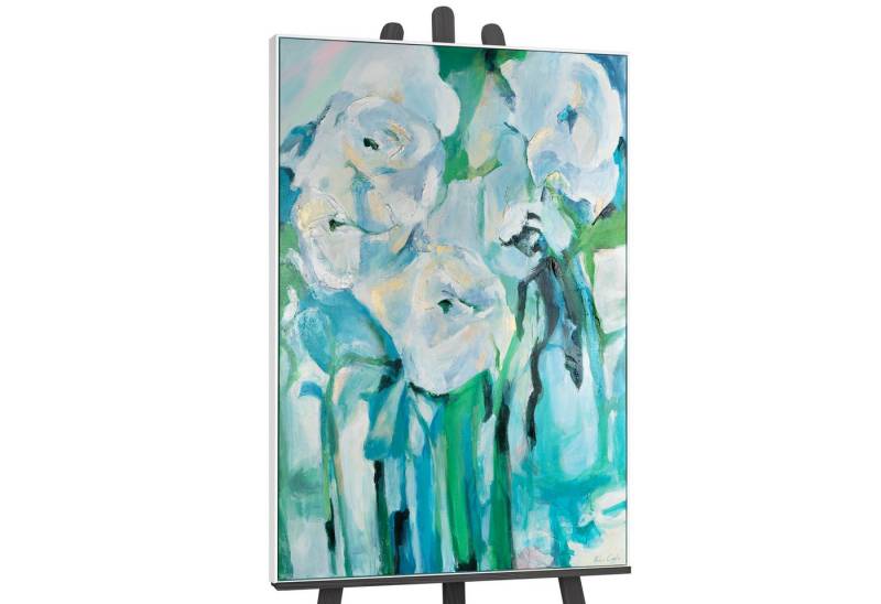 YS-Art Gemälde Florale Abstraktion, Blumen, Eisblume Leinwandbild in Blau Grün gerahmt von YS-Art