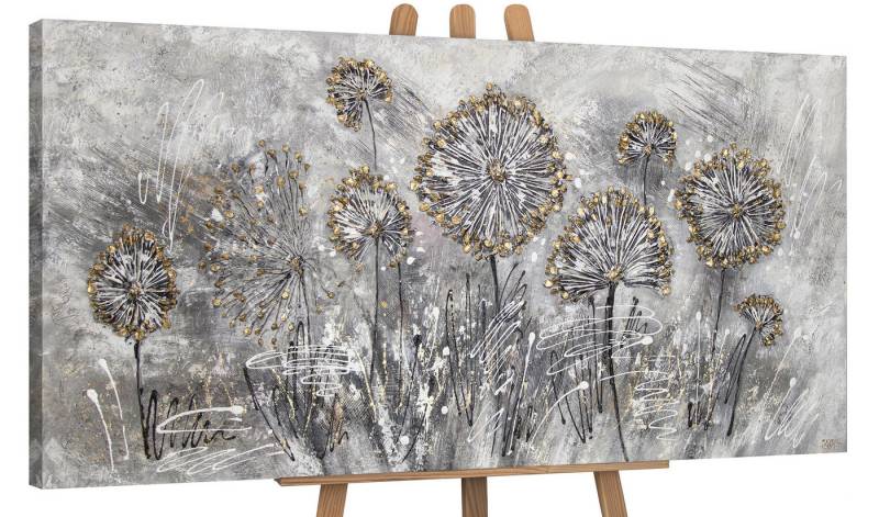 YS-Art Gemälde Frühlingsblumen, Blumen, Löwenzahn Leinwand Bild Handgemalt Gold Grau Schwarz Blumen von YS-Art