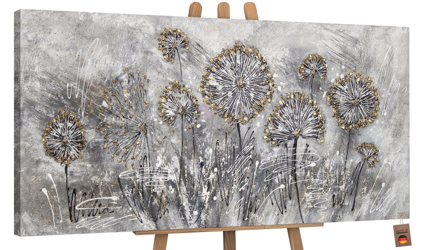 YS-Art Gemälde Frühlingsblumen, Blumen, Löwenzahn Leinwand Bild Handgemalt Gold Grau Schwarz Blumen von YS-Art