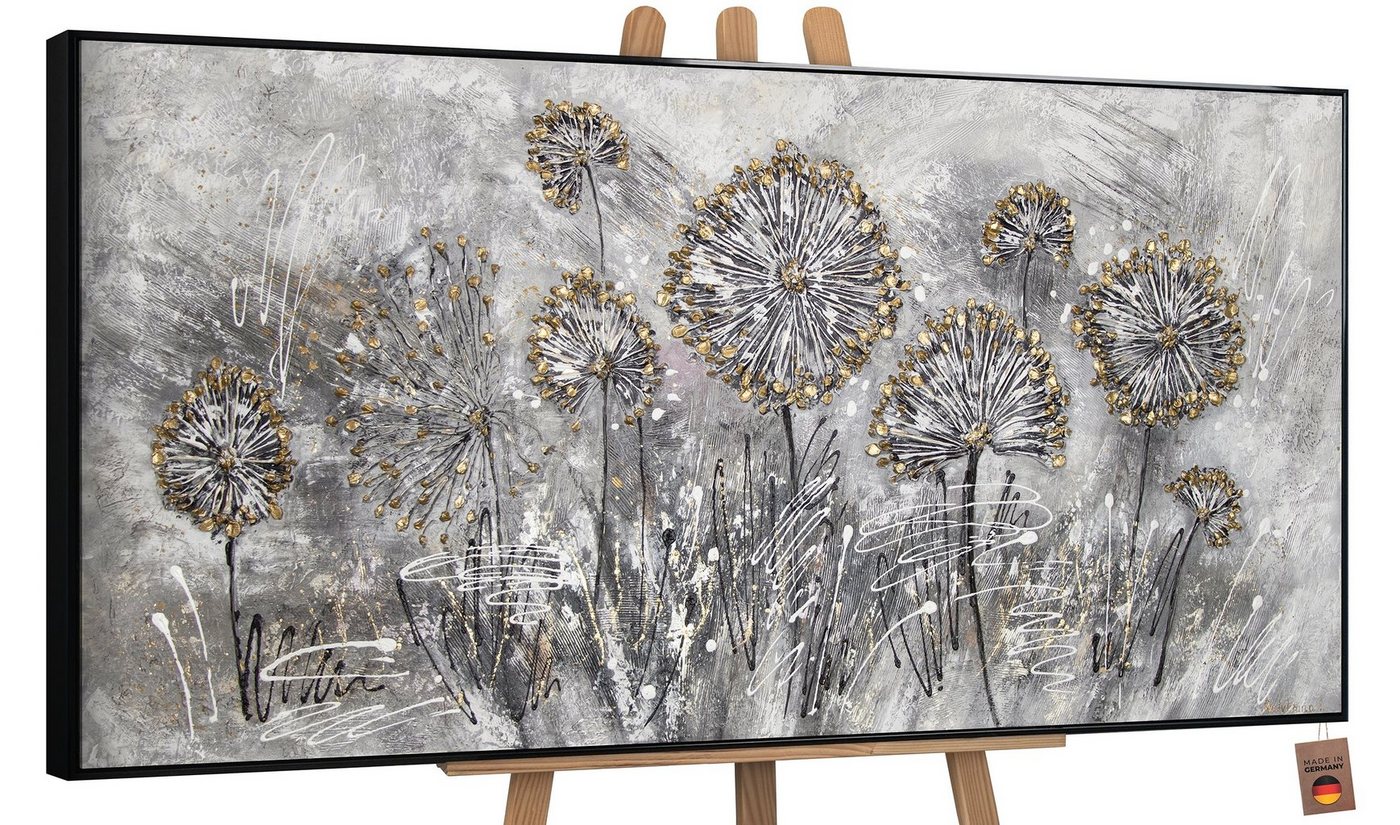 YS-Art Gemälde Frühlingsblumen, Blumen, Löwenzahn Leinwand Bild Handgemalt Gold Grau Schwarz Blumen von YS-Art