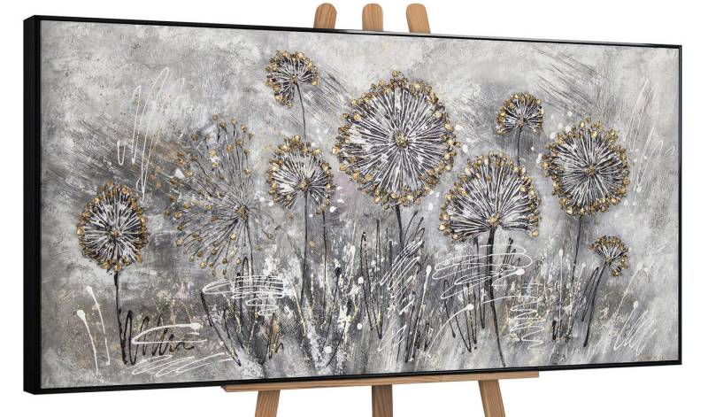 YS-Art Gemälde Frühlingsblumen, Blumen, Löwenzahn Leinwand Bild Handgemalt Gold Grau Schwarz Blumen von YS-Art