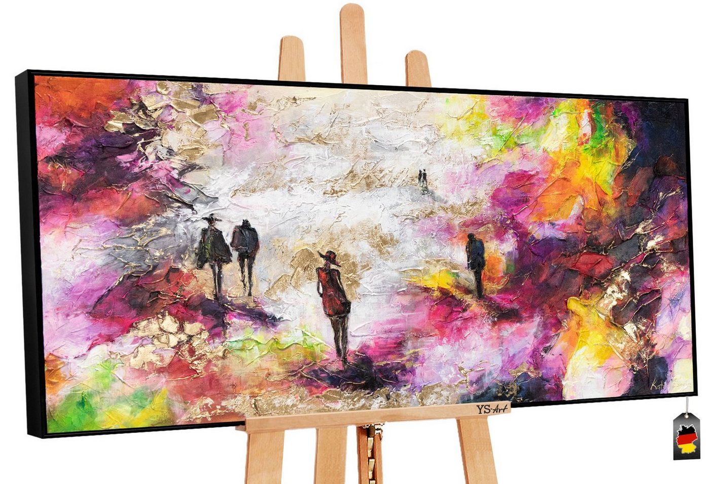 YS-Art Gemälde Frühlingskühle, Buntes Leinwand Bild Handgemalt Menschen mit Rahmen von YS-Art