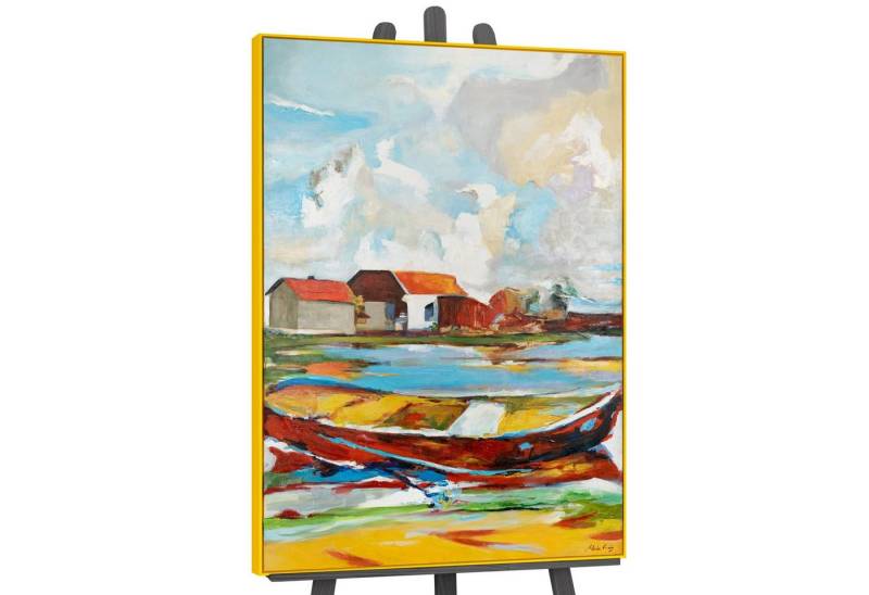 YS-Art Gemälde Gezeiten der Inspiration, Landschaft, Leinwandbild ruhige Küste mit Boot und Häusern gerahmt YS-Art Gemälde Gezeiten der Inspiration, Landschaft, Leinwandbild ruhige Küste mit Boot und Häusern gerahmt von YS-Art