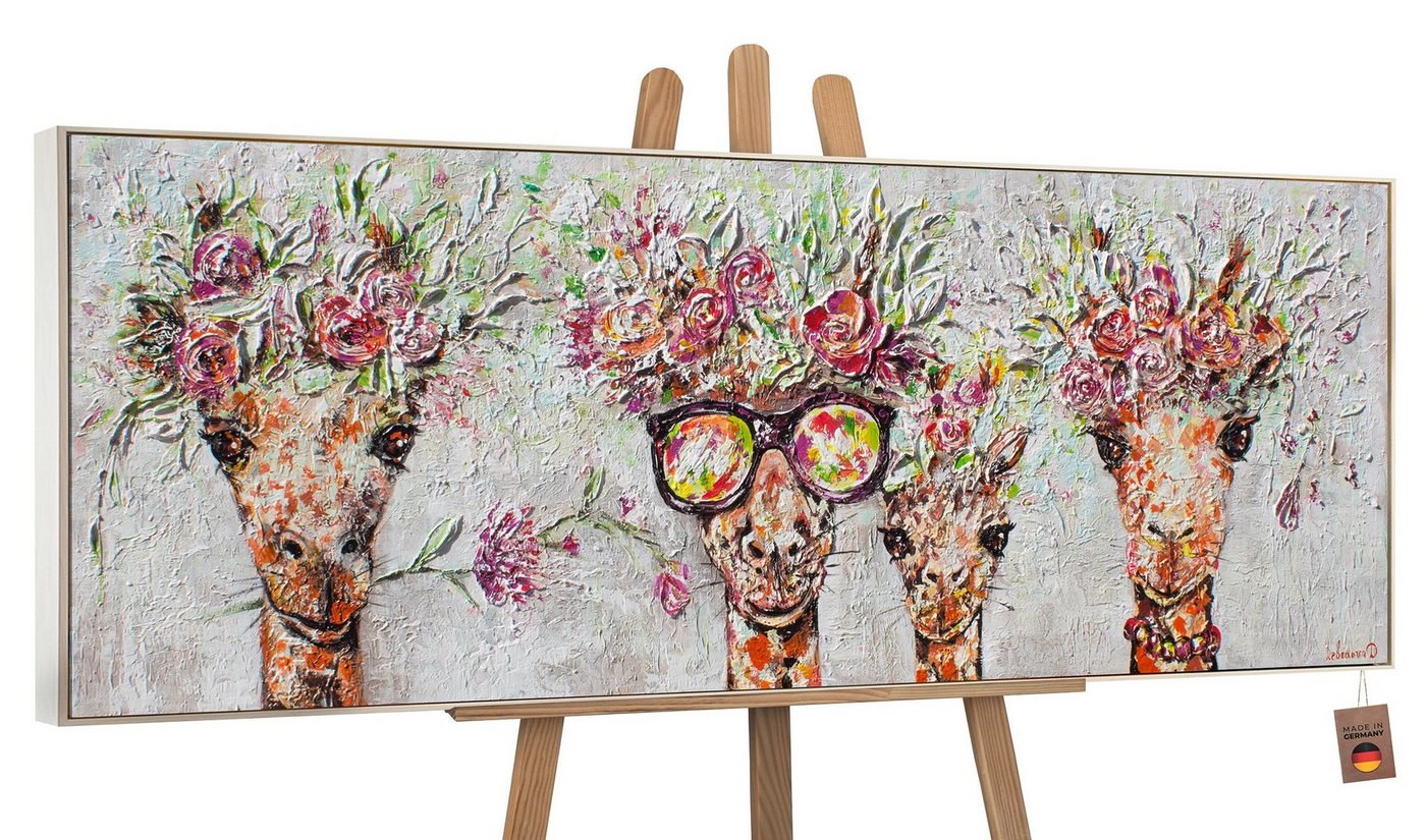 YS-Art Gemälde Giraffen, Tierbilder, Bunte Giraffen Leinwand Bild Handgemalt Brille Braun Blumen von YS-Art