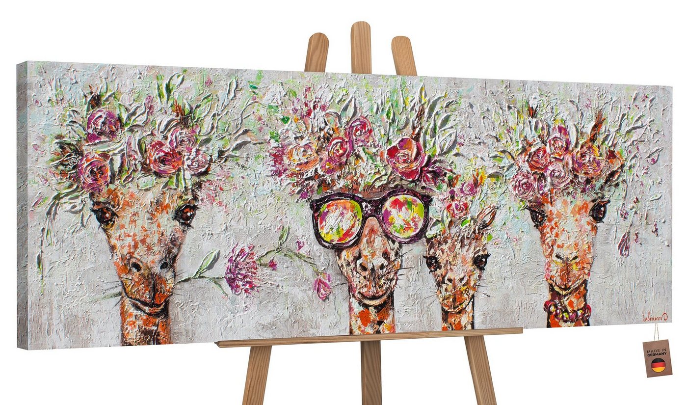 YS-Art Gemälde Giraffen, Tierbilder, Bunte Giraffen Leinwand Bild Handgemalt Brille Braun Blumen von YS-Art