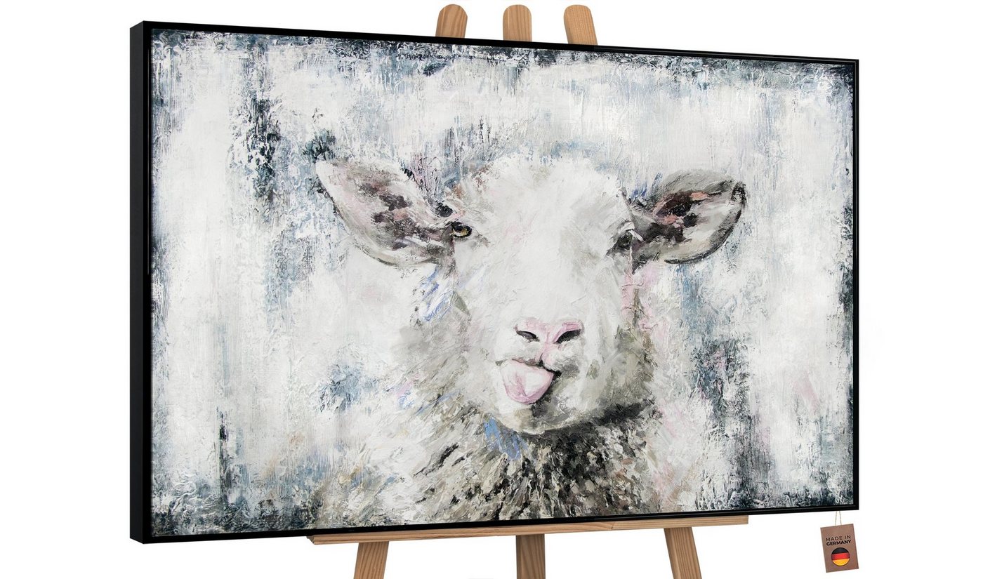 YS-Art Gemälde Glückliches Schaf, Tiere, Leinwand Bild Handgemalt Tier Rosa Blau Schwarz von YS-Art
