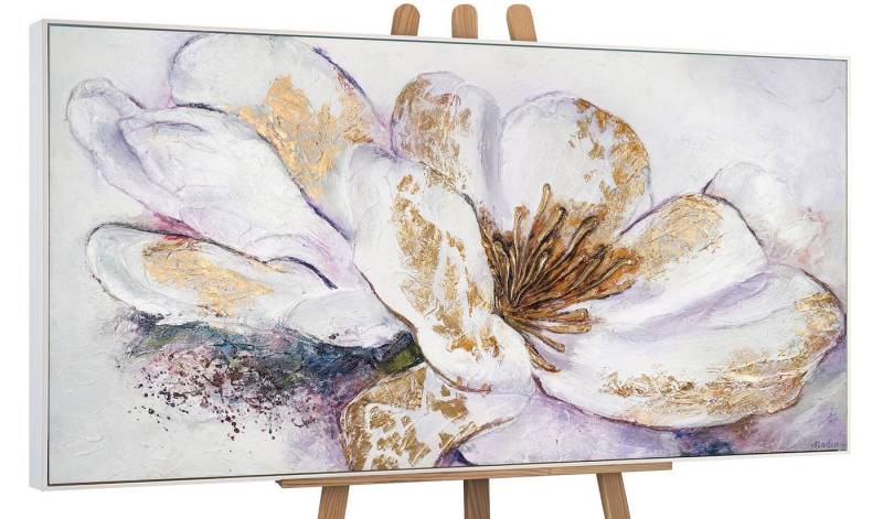 YS-Art Gemälde Goldene Pfingstrose, Blumen, Leinwand Bild Handgemalt Blumen Pfingstrosen Lila Gold von YS-Art