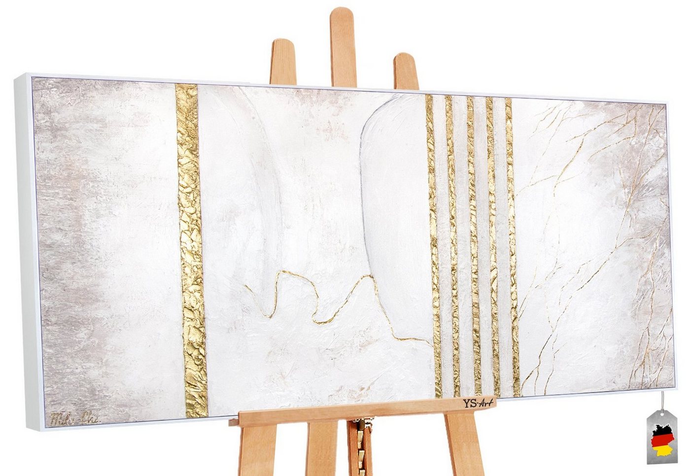 YS-Art Gemälde Goldener Marmor, Strukturiertes auf Leinwand Bild Handgemalt Abstrakt Weiß mit Rahmen von YS-Art
