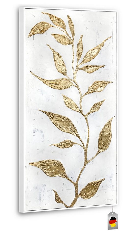 YS-Art Gemälde Goldener Zweig, Blumen, Leinwand Bild Handgemalt Zweig Blumen Gold mit Rahmen von YS-Art