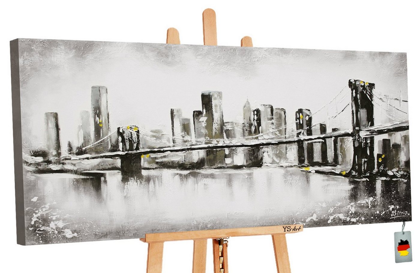 YS-Art Gemälde Großstadt, Städte, Leinwand Bild Handgemalt Schwarz Weiß Großstadt Brücke von YS-Art