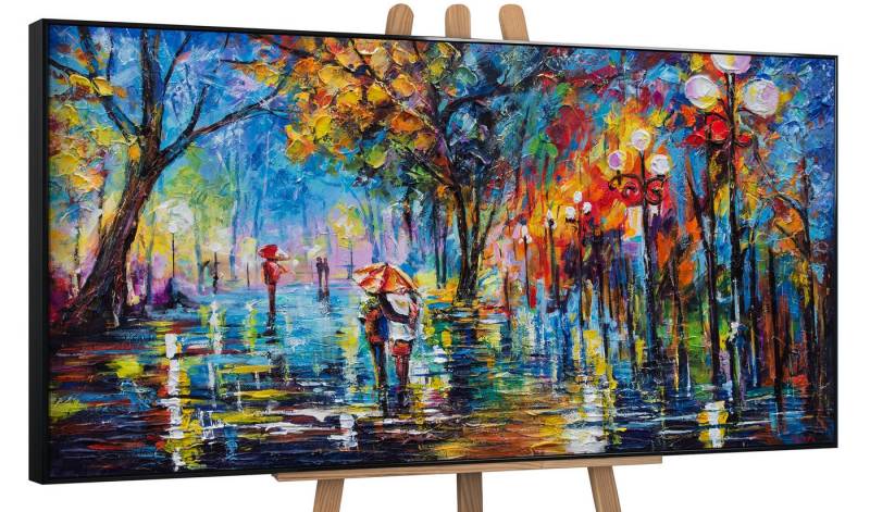 YS-Art Gemälde Herbstliche Allee, Menschen, Paar Regenschirm Leinwand Bild Handgemalt Allee Baum von YS-Art