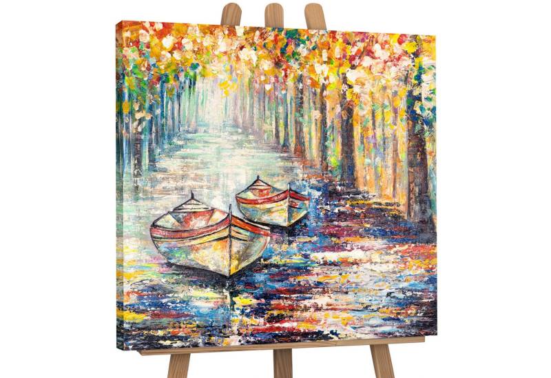 YS-Art Gemälde Herbstlicher Anlegeplatz, Landschaft, Segelboote Baum Bunt Leinwand Bild Handgemalt von YS-Art
