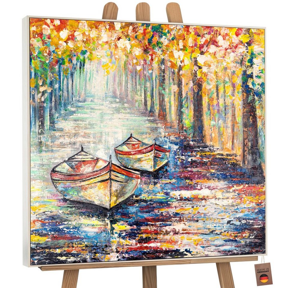 YS-Art Gemälde Herbstlicher Anlegeplatz, Landschaft, Segelboote Baum Bunt Leinwand Bild Handgemalt von YS-Art