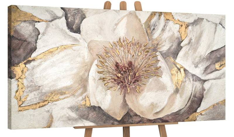 YS-Art Gemälde Malve, Blumen, Gold Weiß Blume Leinwand Bild Handgemalt von YS-Art