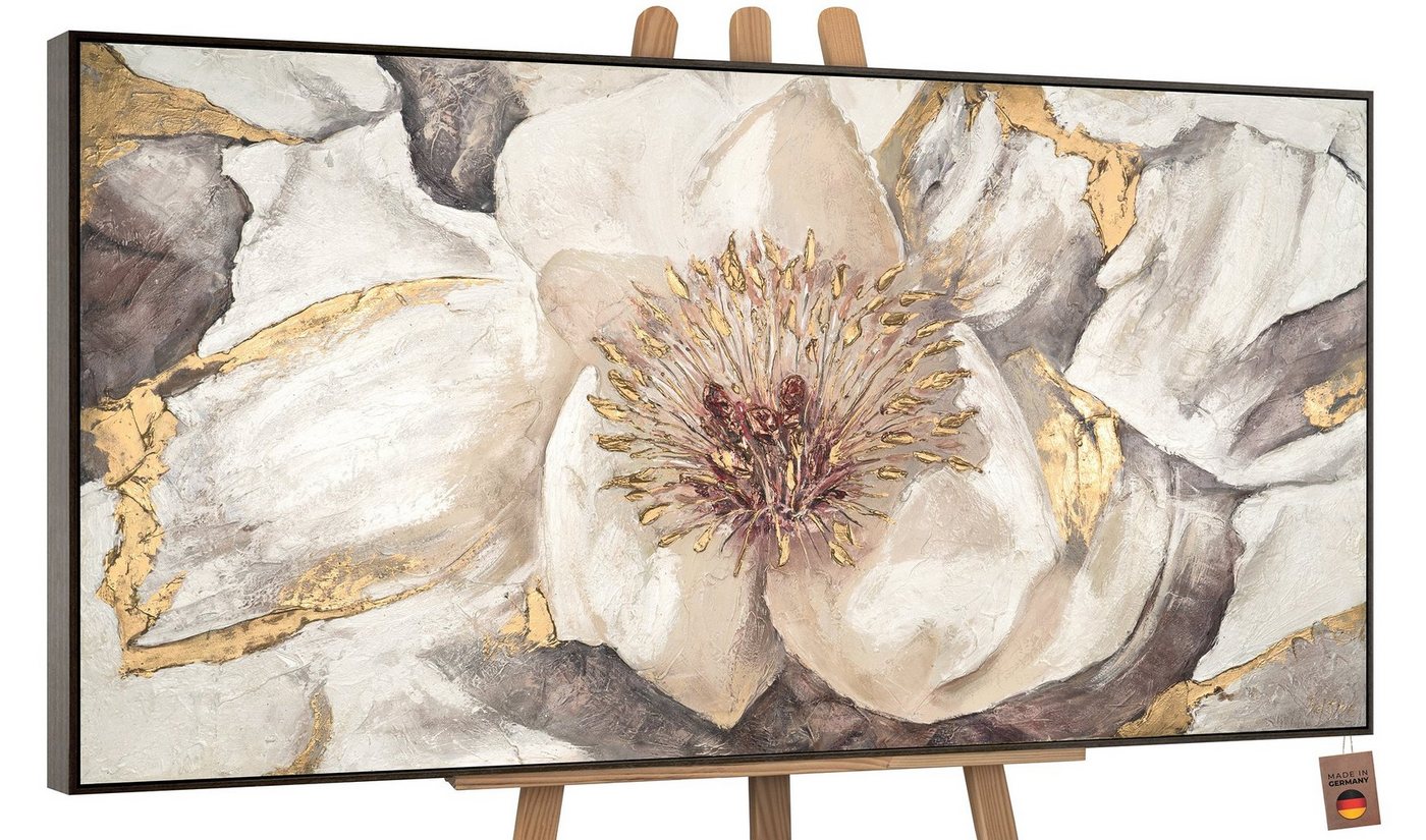 YS-Art Gemälde Malve, Blumen, Gold Weiß Blume Leinwand Bild Handgemalt von YS-Art