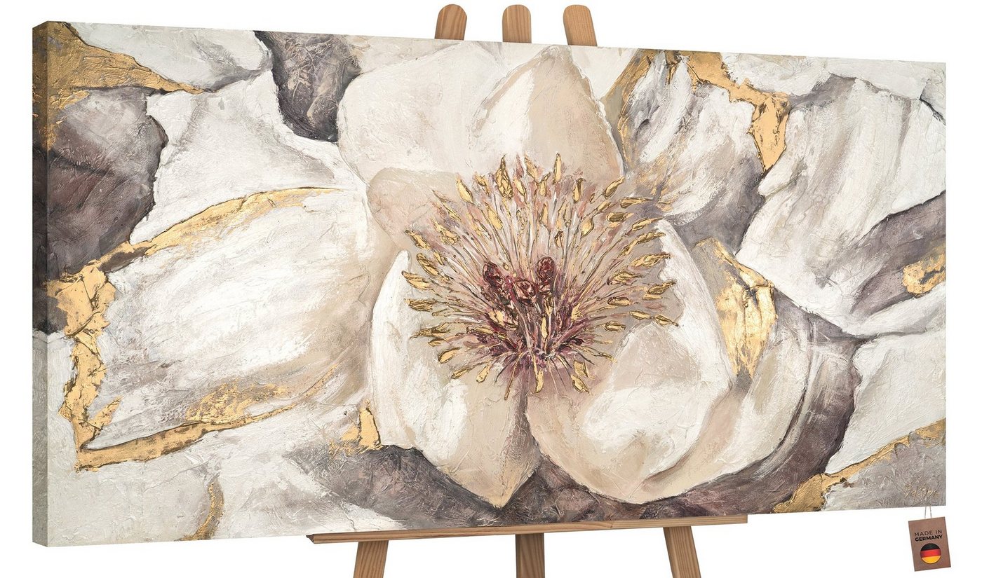 YS-Art Gemälde Malve, Blumen, Gold Weiß Blume Leinwand Bild Handgemalt von YS-Art
