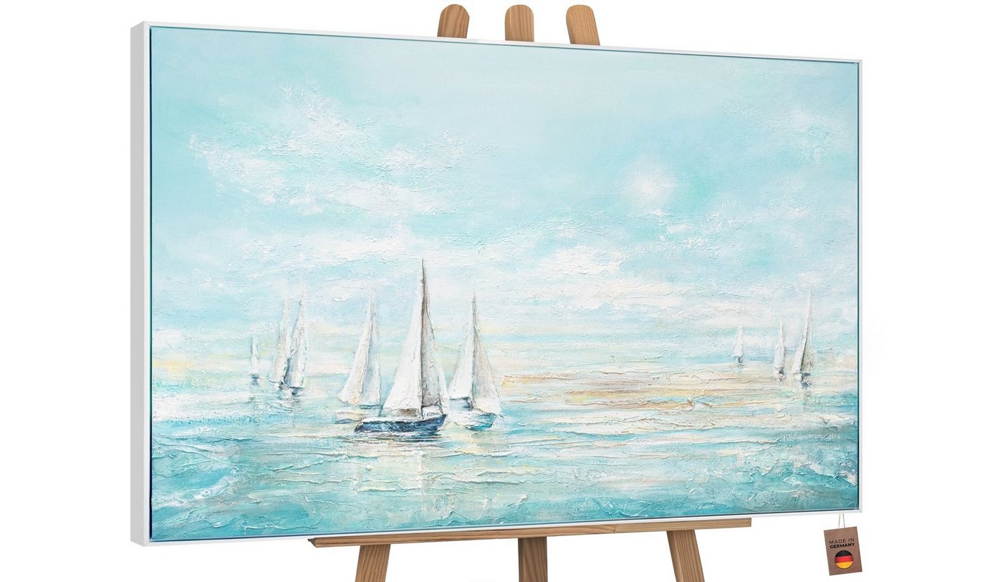 YS-Art Gemälde Meeresblau, Landschaft, Blau Hellblau Segelboote Meer Leinwand Bild Handgemalt von YS-Art