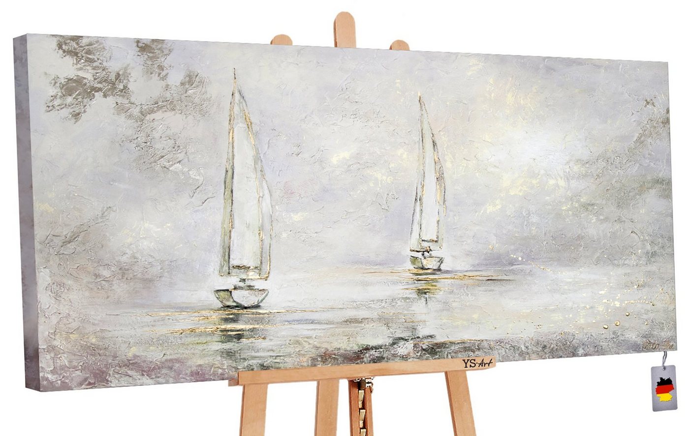 YS-Art Gemälde Morgendämmerung, Landschaft, Segelboote Hell Gold Meer Wasser Strand von YS-Art