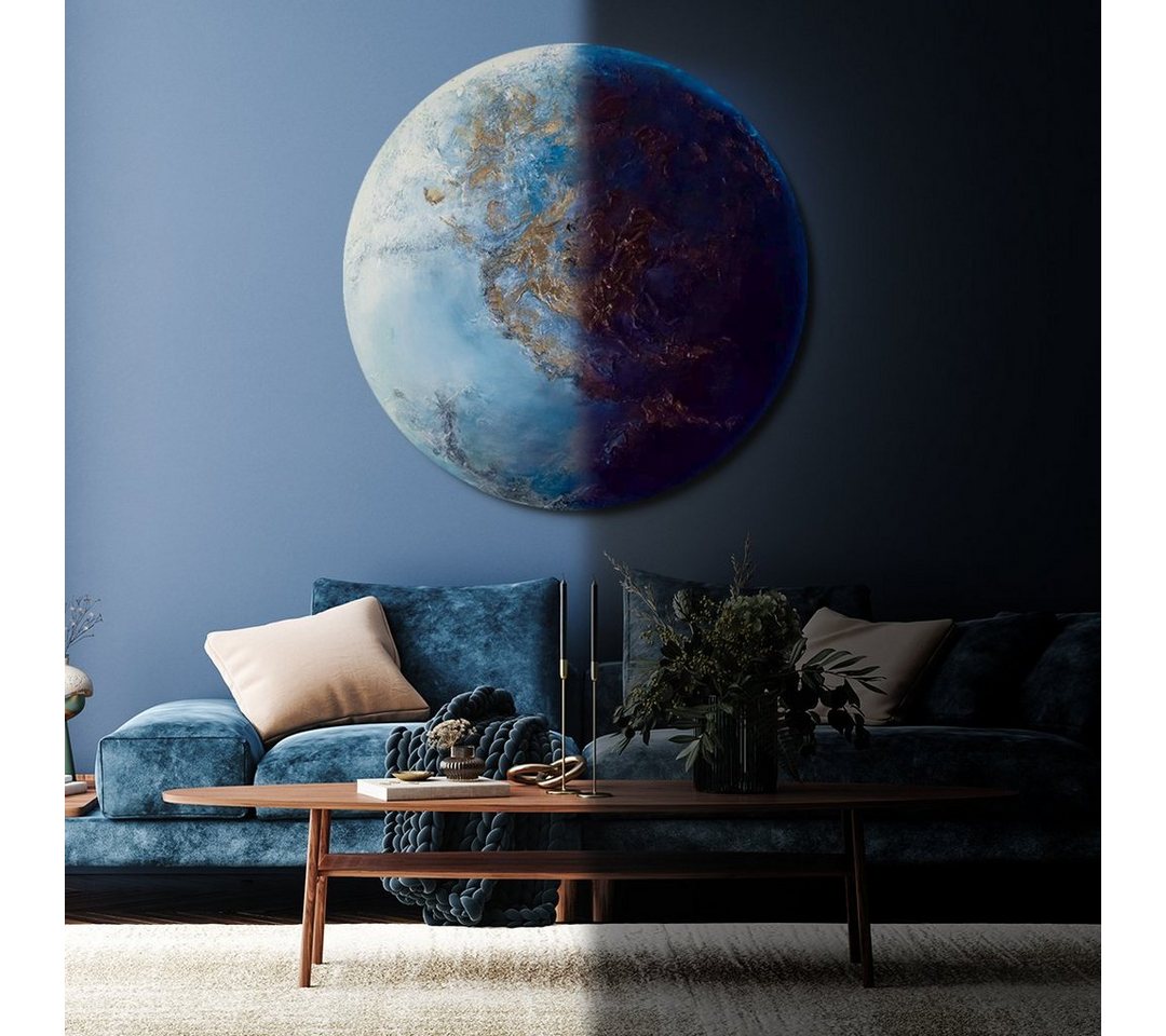 YS-Art Gemälde Neptun, Planet, Leinwandbild Erde Rund Blau Gold Leuchte von YS-Art