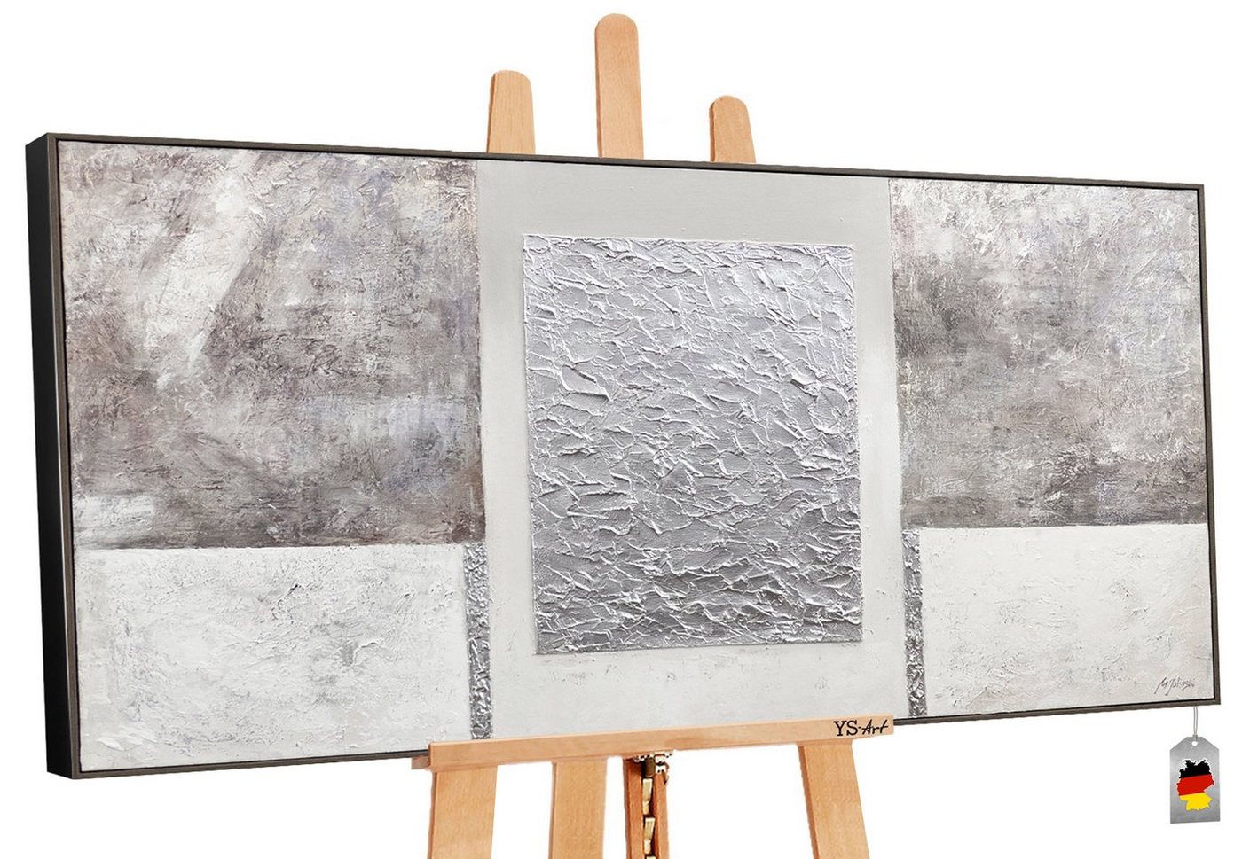YS-Art Gemälde Perfekte Stabilität, Leinwand Bild Handgemalt Silber Weiß Quadrat mit Rahmen von YS-Art