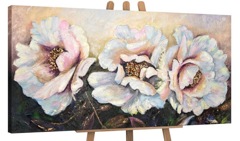 YS-Art Gemälde Pfingstrosen, Blumen, Pfingstrose Weiß Gold Schwarz Leinwand Bild Handgemalt von YS-Art