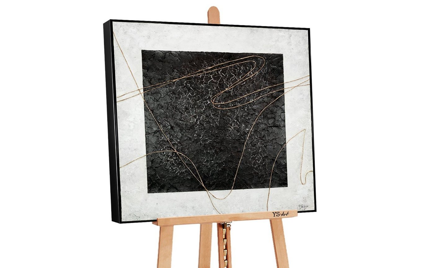 YS-Art Gemälde Quadratisch, Abstrakte Bilder, Quadratisches auf Leinwand Bild Handgemalt Abstrakt Gold mit Rahmen von YS-Art