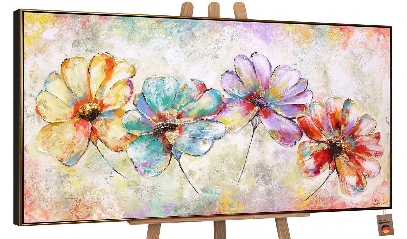 YS-Art Gemälde Schöne Blumen, Blumen, Bunte Blumen auf Leinwand Bild Handgemalt Gold von YS-Art