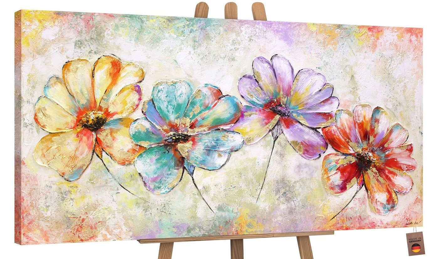 YS-Art Gemälde Schöne Blumen, Blumen, Bunte Blumen auf Leinwand Bild Handgemalt Gold von YS-Art
